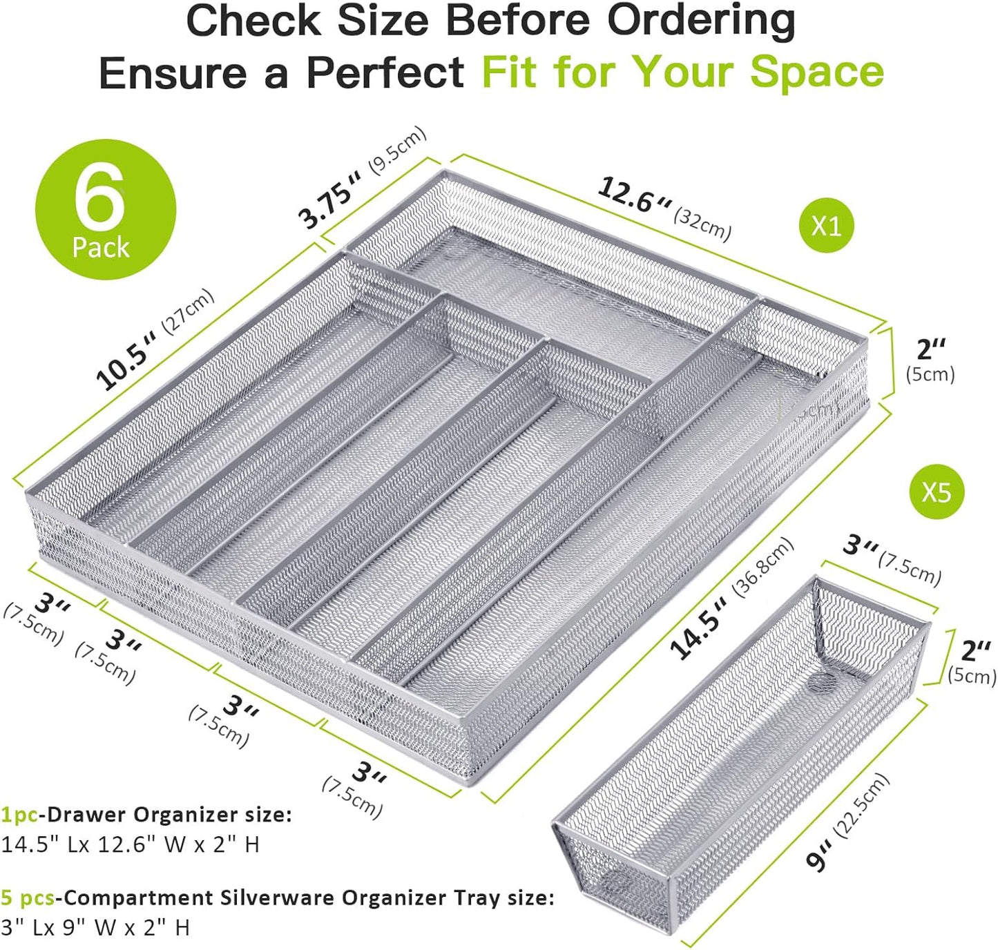 Neudeco Silverware Organizer,Mesh Drawer Organizer for Kitchen，Metal Utensil Organizer for Flatware, Knives, Spoons,Cosmetic (Silver 9 * 3 * 2 inch Pack6)
