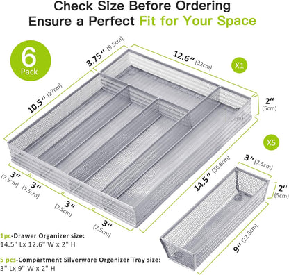 Neudeco Silverware Organizer,Mesh Drawer Organizer for Kitchen，Metal Utensil Organizer for Flatware, Knives, Spoons,Cosmetic (Silver 9 * 3 * 2 inch Pack6)