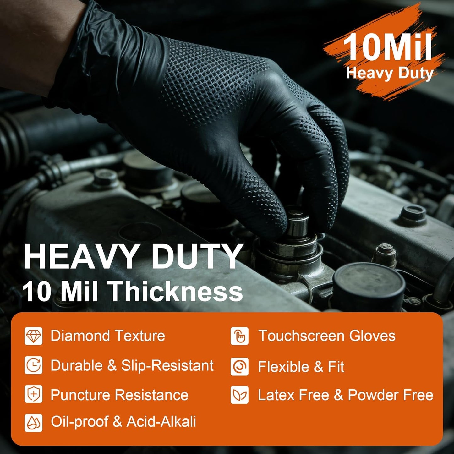 10mil Nitrile Gloves Thick,Industrial Disposable Gloves with Diamond Textured,Heavy Duty Mechanic Glove,Latex Free