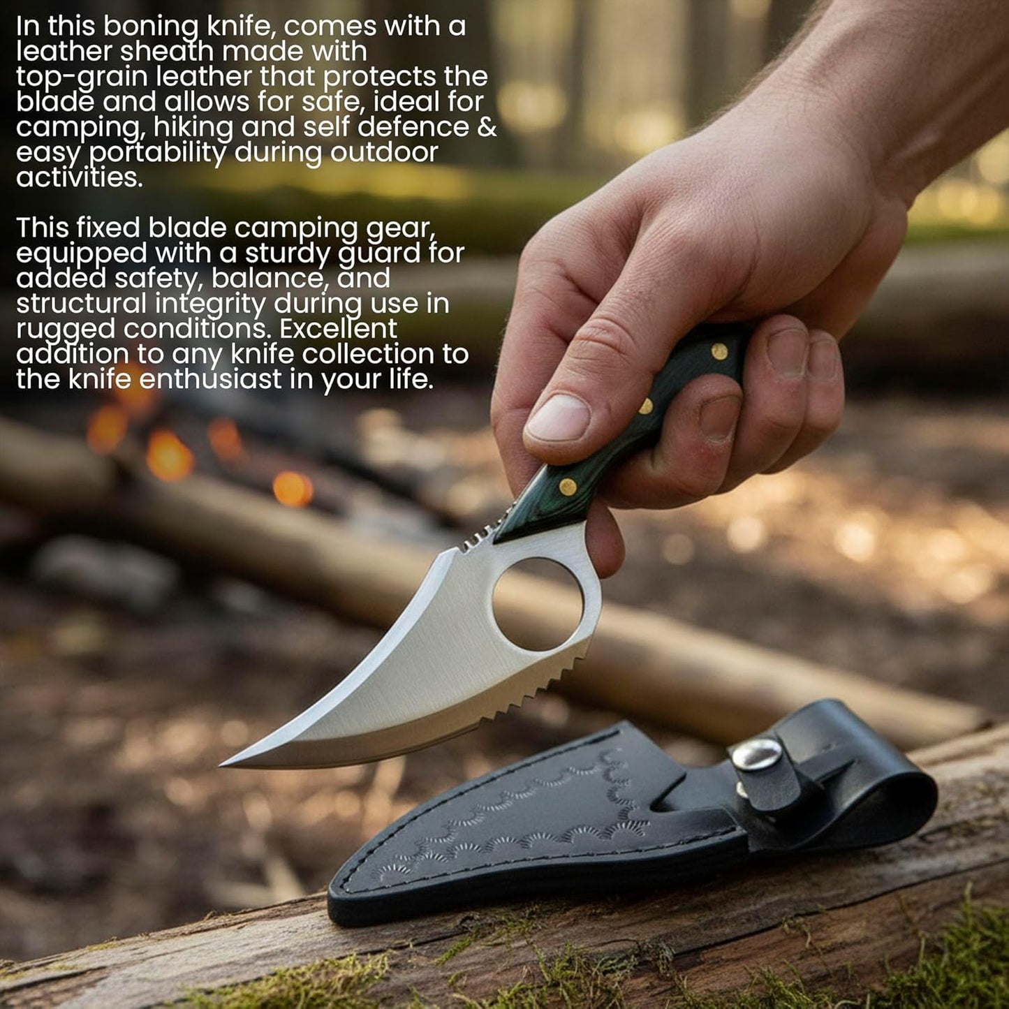 SZCO Full Tang Hunting Knife 7 Inch - Camping Knife with Green Pakkawood Handle, Stainless Steel Blade & Sheath - Pocket Knife for Hunting, Cutting & Outdoor uses - Knives for Men