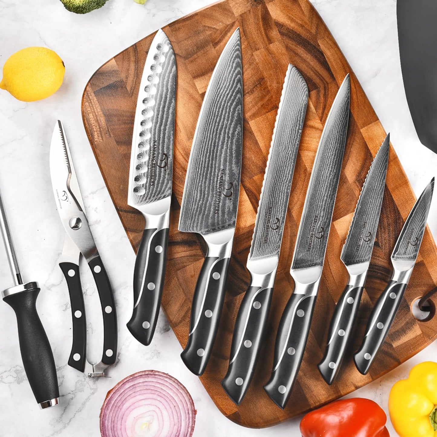 18 Pieces Damascus Kitchen Knife Set, 8 Piece Steak Knives, Non-slip ABS Ergonomic Triple Rivet Handle for Meat Fork, Knife Sharpener and Shears, 17 Slots Fraxinus Manchuria Knife Block (Grey)