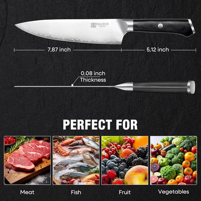 PAUDIN Chef Knife, 8 Inch High Carbon Steel Kitchen Knife, Professional Chefs Knife with Ergonomic Wooden Handle, Ultra Sharp Knife for Meat Vegetable Cutting