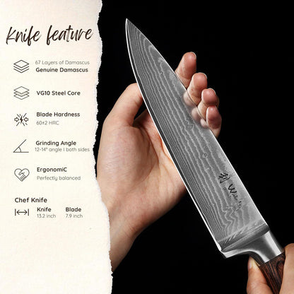 Wakoli EDIB Damascus Meat Knife – 7-Inch Japanese-Style Kitchen Knife for Meat, BBQ, and Roasts, 67-Layer Damascus Steel Blade with VG10 Core, Ergonomic Pakkawood Handle – Carving Knife in Gift Box