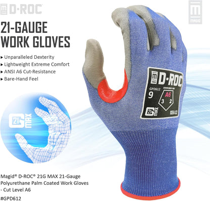 MAGID D-ROC A6 Cut Resistant Work Gloves, Touchscreen, 21-Gauge Ultra-Thin PU Coated Safety Gloves for Men & Women, Assembly, Metal & Glass Handling, GPD612, Size 9 (Large), 72 Pairs