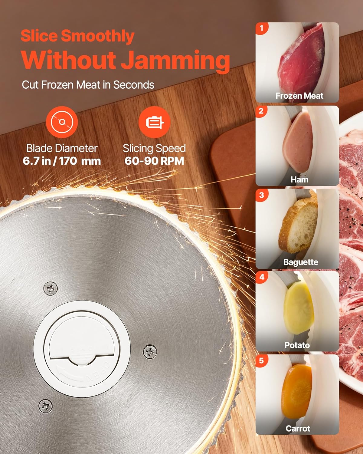 VEVOR Meat Slicer, 7.5 inch 200W Electric Deli Slicer Machine with SUS420 Blade, 0-0.6 inch Adjustable Thickness, ETL Certified Home Food-Slicer for Meat, Ham, Baguett, Steak