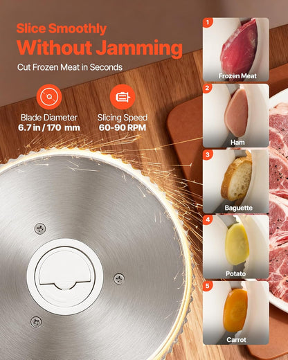 VEVOR Meat Slicer, 7.5 inch 200W Electric Deli Slicer Machine with SUS420 Blade, 0-0.6 inch Adjustable Thickness, ETL Certified Home Food-Slicer for Meat, Ham, Baguett, Steak