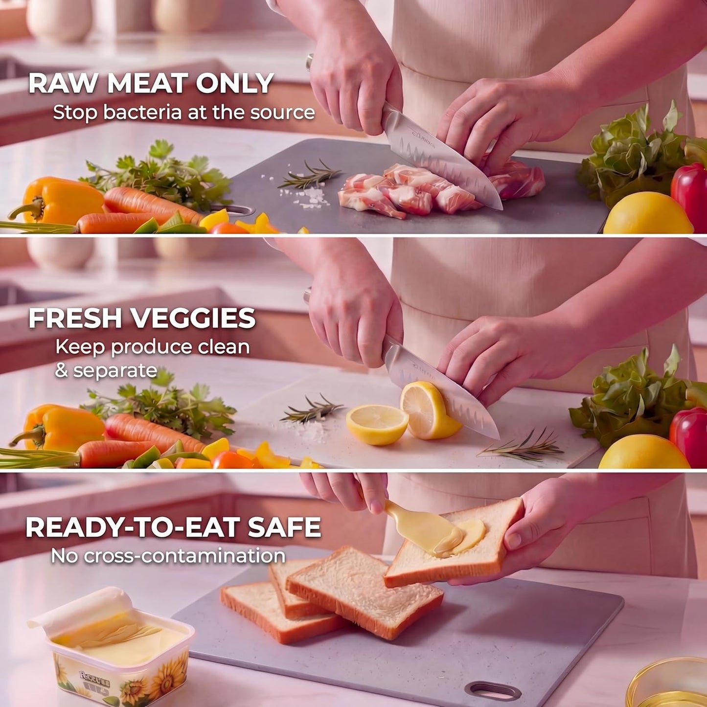 Cutting Boards for Kitchen, BPA-Free Plastic Cutting Boards Set of 3, Reversible, Non-Slip, Dishwasher Safe, Color-Coded for Meat, Vegetables & Fruit, Stone White, Grey & Dark Grey