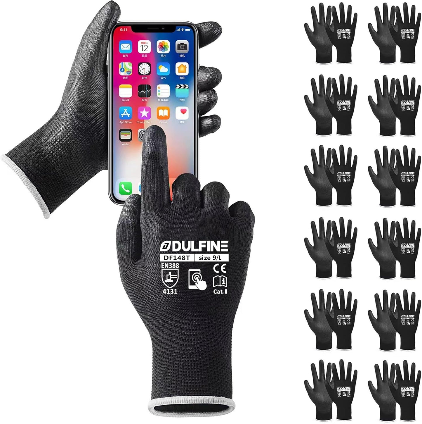 DULFINE Safety Work Gloves PU Coated-12 Pairs,Red Seamless Knit Glove with Polyurethane Coated Smooth Grip on Palm & Fingers, for Men and Women, Ideal for General Duty Work (Large)