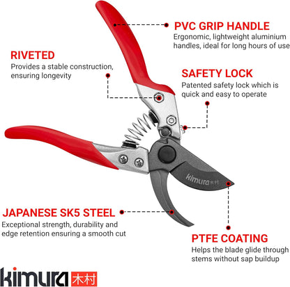 Kimura® 8" Pro Pruning Scissors, Premium Japanese SK5 Hi-Carbon Steel Blades, Non-Slip Vinyl Coated Handles, Lightweight & Ergonomic, Multi-Tasking Pruning Shears, Garden Snips, Precision Clippers