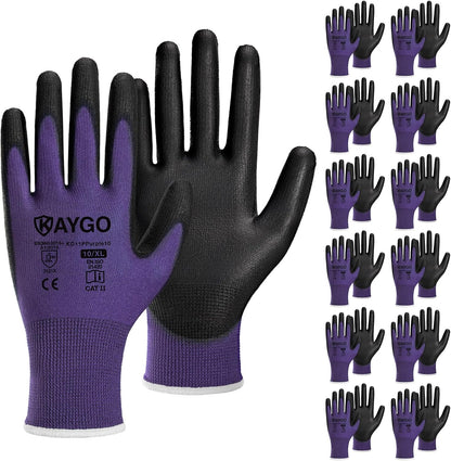 KAYGO Work Gloves for Men and Women,12 Pairs Seamless Knit PU Coated Safety Gloves, with Smooth Grip on Palm and Fingers, Ideal for Light Warehouse, Manufacturing, Gardening, KG11P (M, Black)