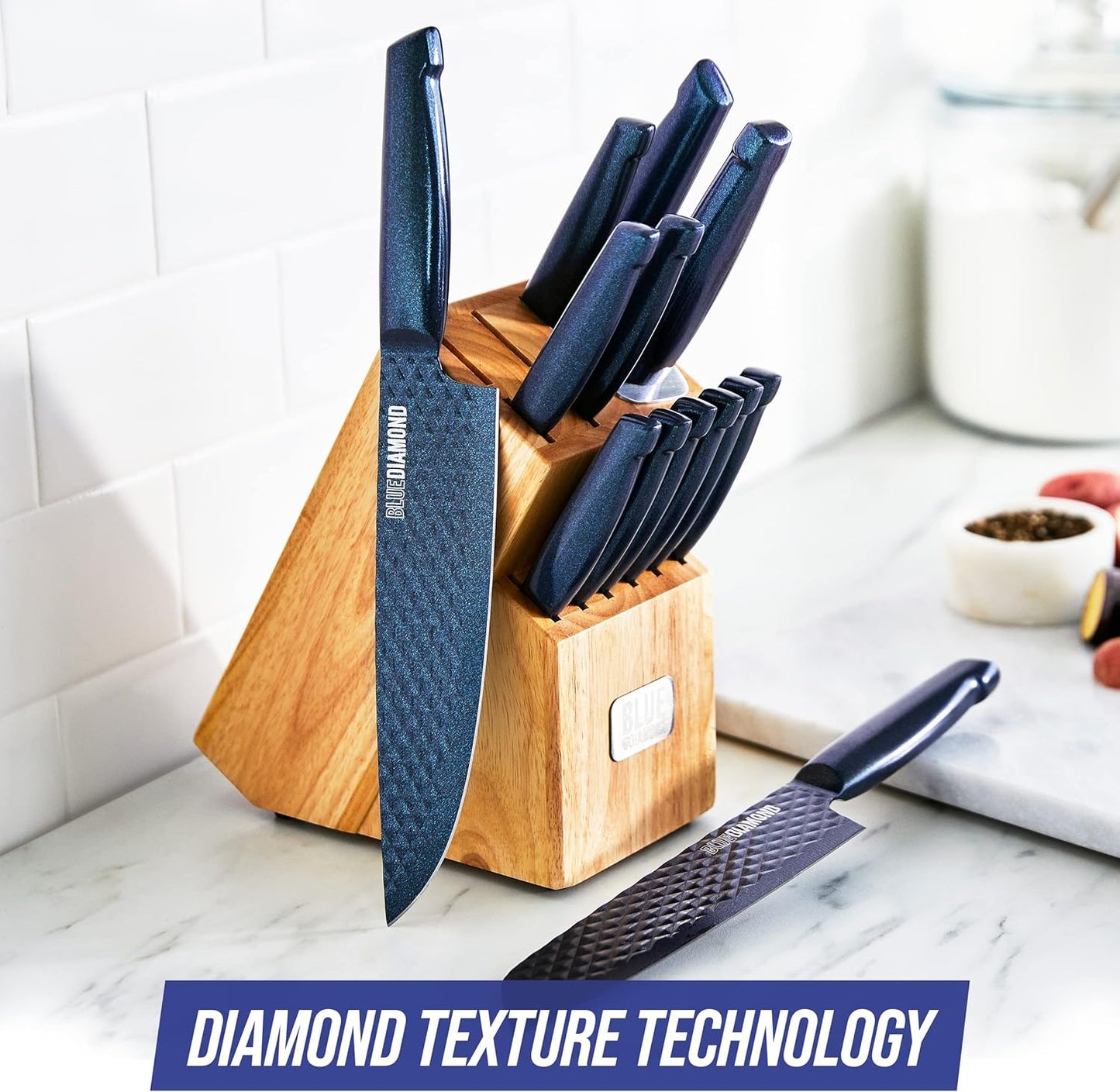 Blue Diamond Sharp Stone 14 Piece Knife Block Set, PFAS-Free Nonstick Diamond Textured Stainless Steel Blades, Rust Resistant Kitchen Cutlery, Chef & Steak Knives, Dishwasher Safe, Navy