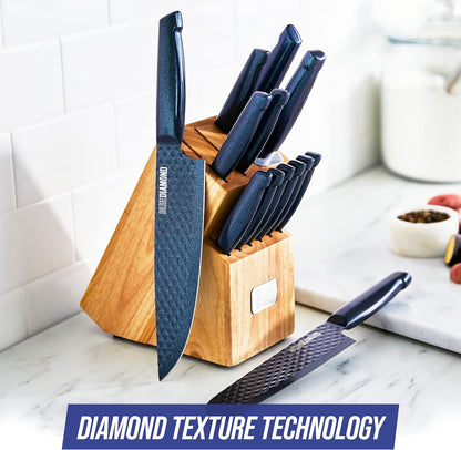 Blue Diamond Sharp Stone 14 Piece Knife Block Set, PFAS-Free Nonstick Diamond Textured Stainless Steel Blades, Rust Resistant Kitchen Cutlery, Chef & Steak Knives, Dishwasher Safe, Navy