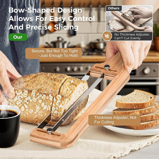 Adjustable Bread Knife, Manual Bow Sourdough Slicer, Stainless Steel Serrated Blade with 5pcs 13’‘x7.8'‘ Clear Bread Bags