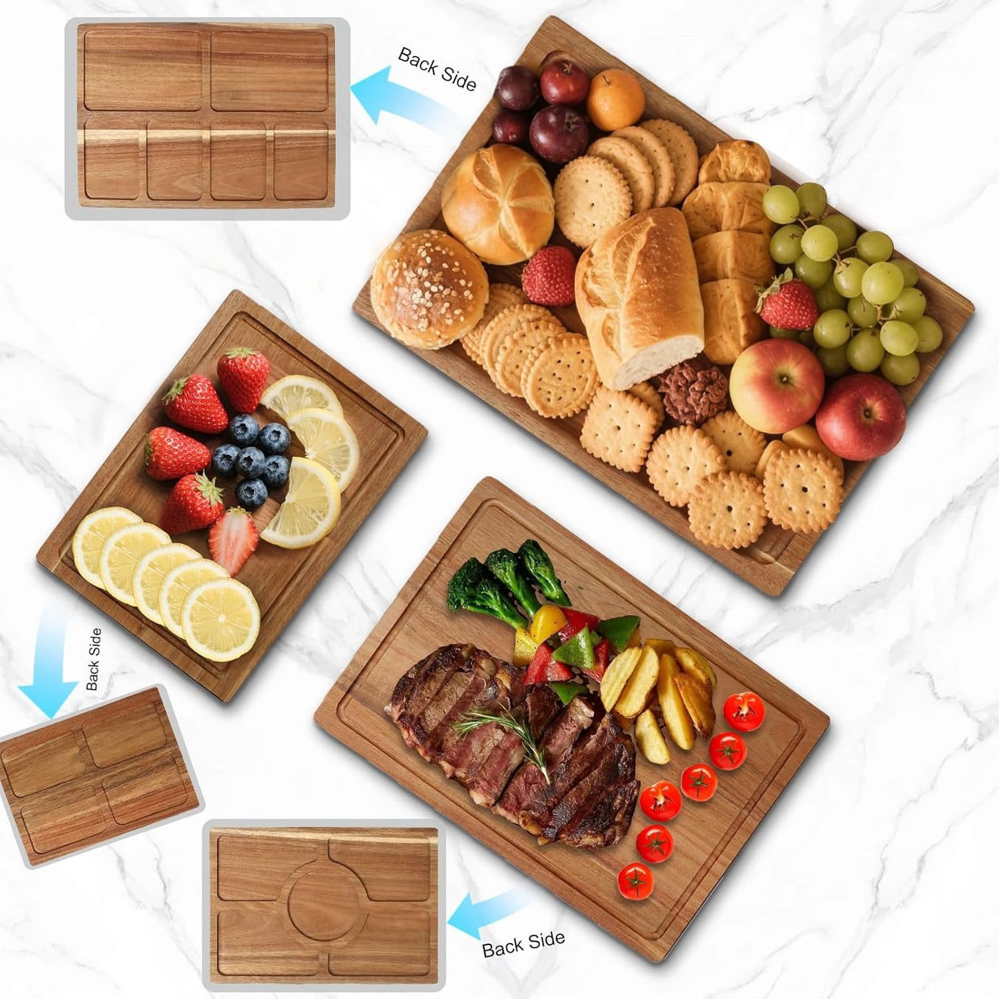 3 PCS Acacia Wood Cutting Board Set with Stand, Thick Chopping Boards for Kitchen, Deep Juice Grooves, Easy Grip Handle, Non-slip Heavy Duty Charcuterie Board for Meat, Cheese, Vegetables and Fruits