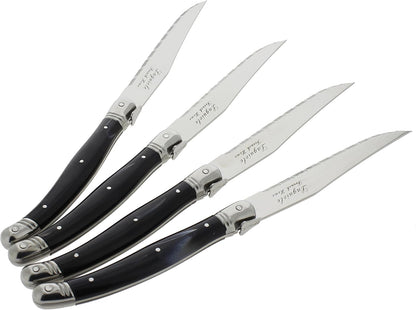 French Home Laguiole 4-Piece Steak Knife Set – Sophisticated Stainless Steel Dinner Knives with Navy Blue Handles & Iconic Bee Emblem – Serrated Knives for Smooth Cutting (9.25")
