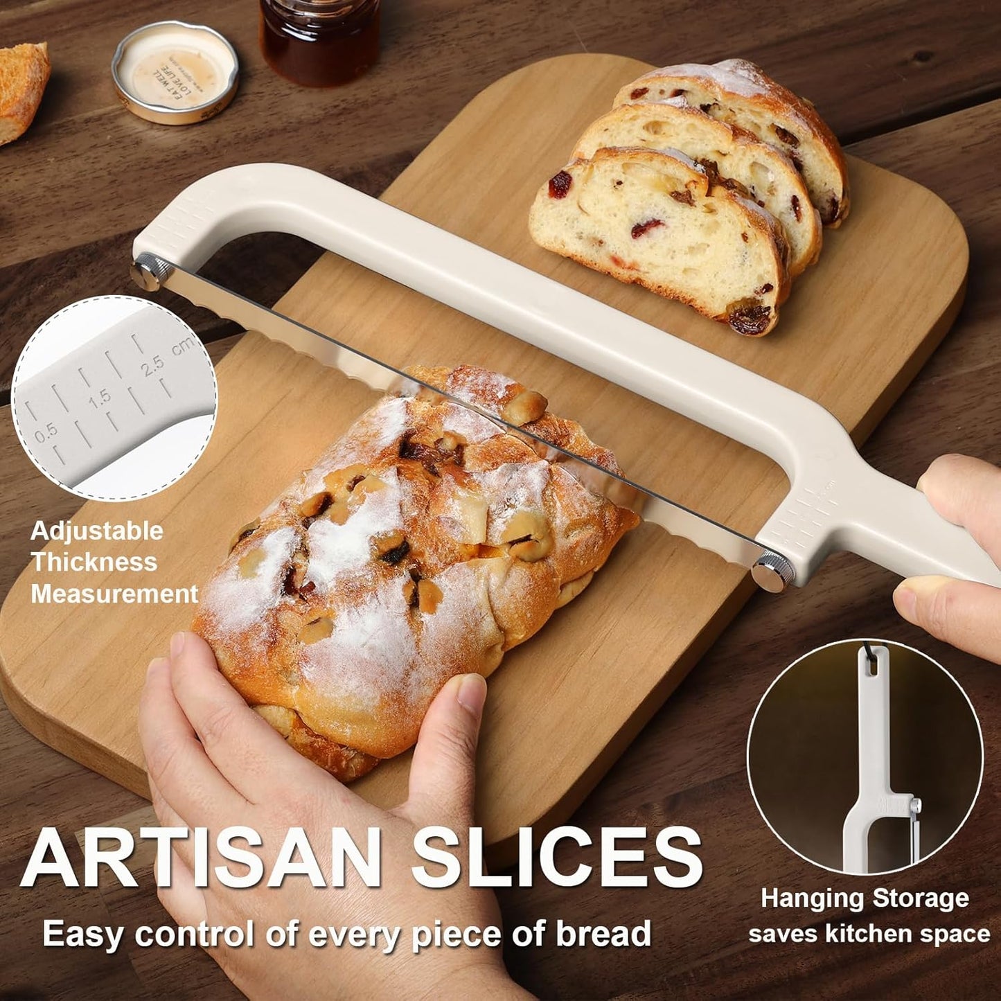 Adjustable Bread Slicer for Homemade Bread, Food-Grade Plastic Bread Knife with Thickness, Dishwasher Safe, Bow Design Easy to Cutting Even Slices for Sourdough, Baguettes and More