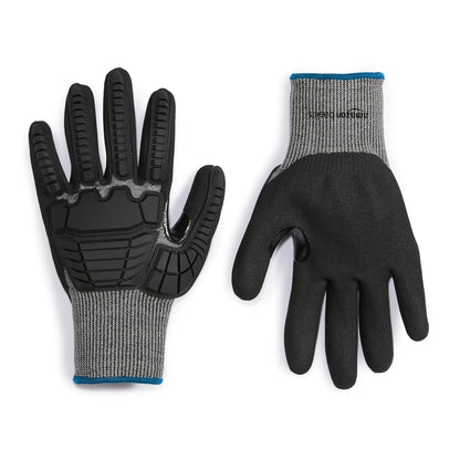 Amazon Basics Cut Level A2, Abrasion ANSI Level A4, Impact Protection Work Gloves, Touchscreen Compatible, 15G Sandy Nitrile Palm, Cut-Resistant, Pack of 100 Pairs, Black, Size XX-Small