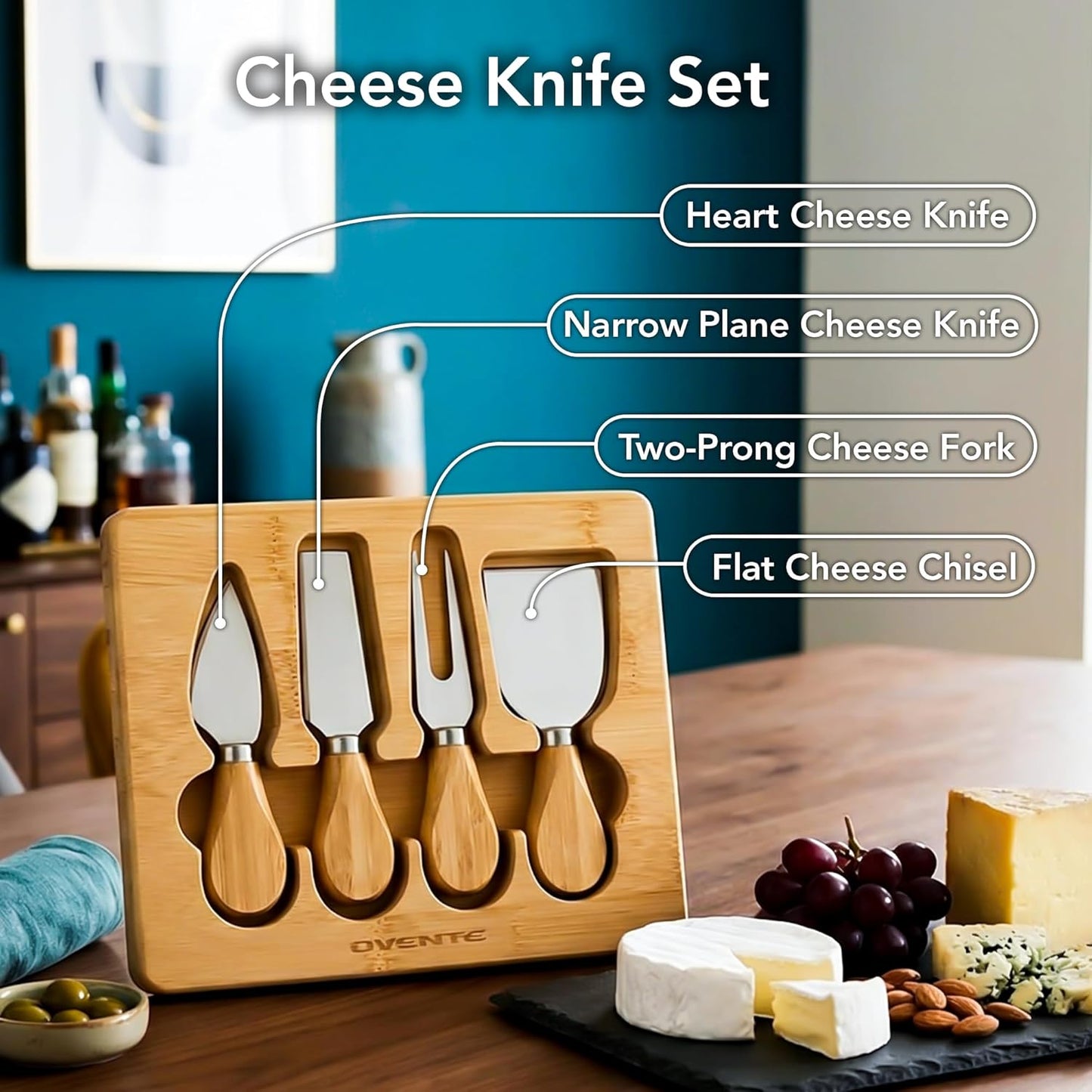 OVENTE 4 Piece Cheese Knife Set with Bamboo Handle & Wooden Case, Complete Stainless Steel Charcuterie Knives, Ideal Cheese Slicer, Spread & Butter Cutter for Party and Holiday Gift, Brown KCS5974B