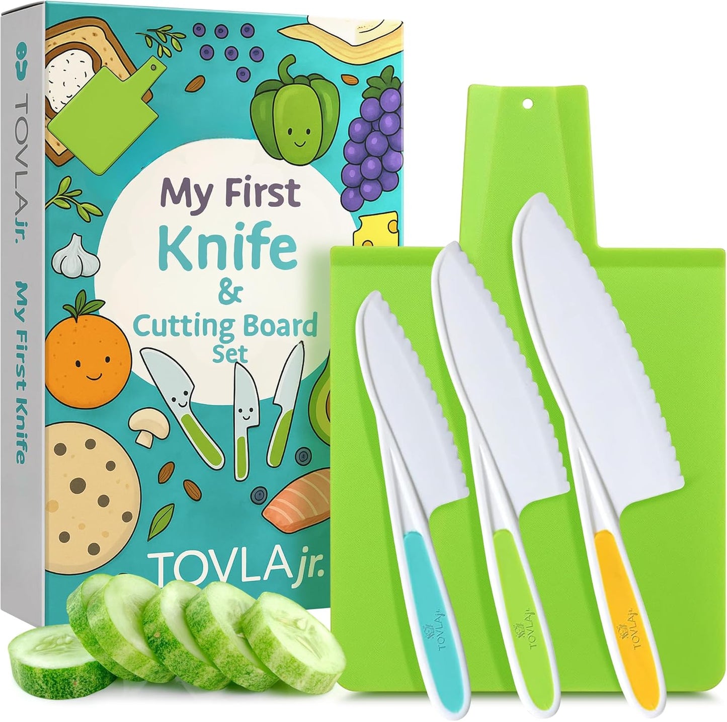 TOVLA JR. Premium Montessori Kid-Safe Knife & Cutting Board Set – Real Kitchen Tools for Toddlers & Young Kids Learning to Cook, Safe & Easy for Begin...