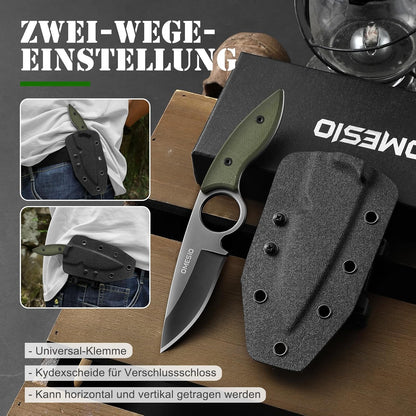 Omesio Small Fixed Blade Knife, Tactical Hunting Camping Knife with Kydex Sheath, Full Tang Stainless Steel Compact EDC Neck G10 Handle with Gift Box for Men (Black)