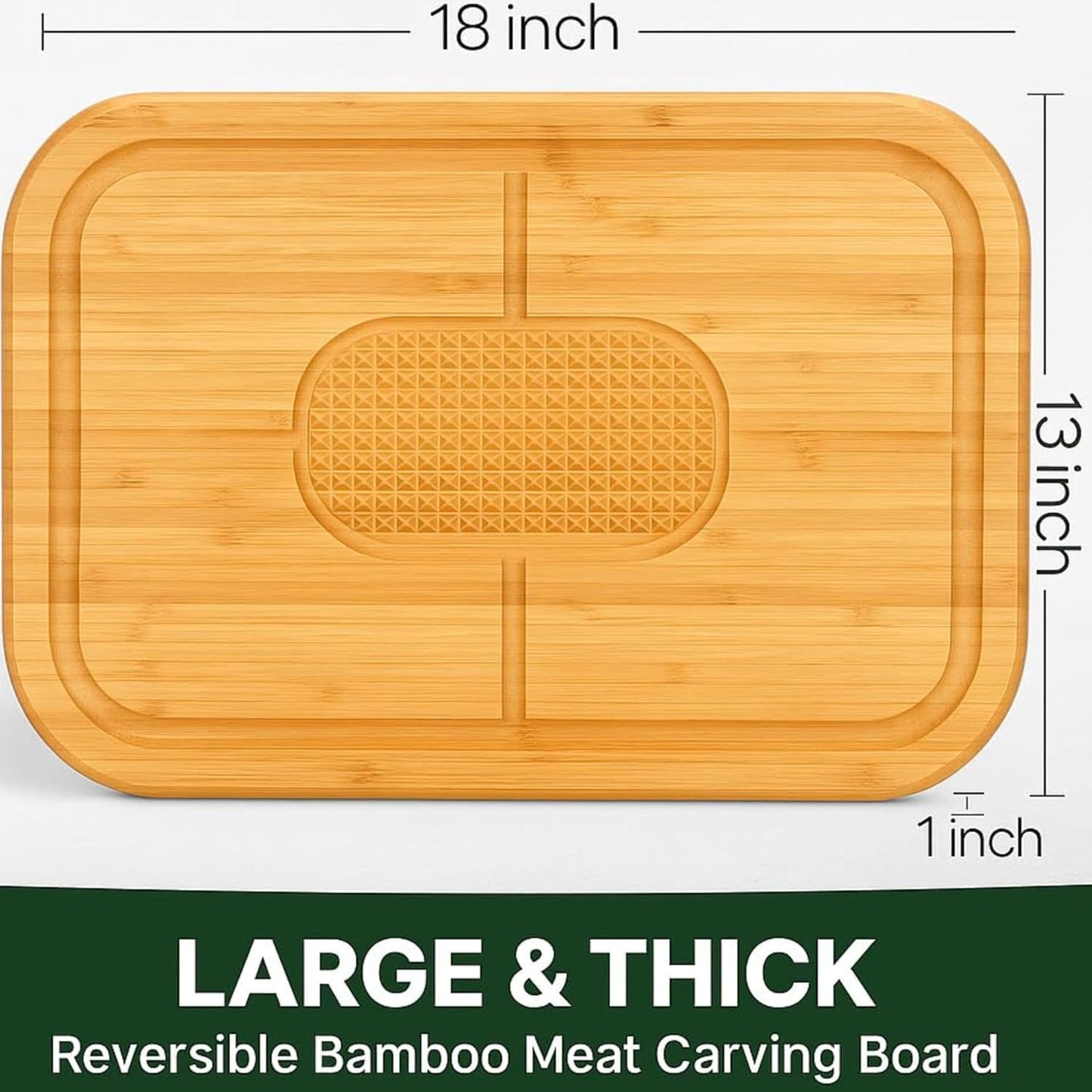 Meat Cutting Board - Extra Large Bamboo Carving Board, 18 x 13 Thick Butcher Block Cutting Board with Deep Juice Groove, Non Slip Center, Reversible Board for Steak, Brisket, Turkey, Grilling BBQ Prep