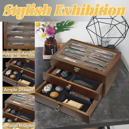 Knife Display Case,2 Layer Pocket Knife Display Case Wood, Knife Collection Display Case with Drawers, Pocket Knife Organizer for Gifts, Black