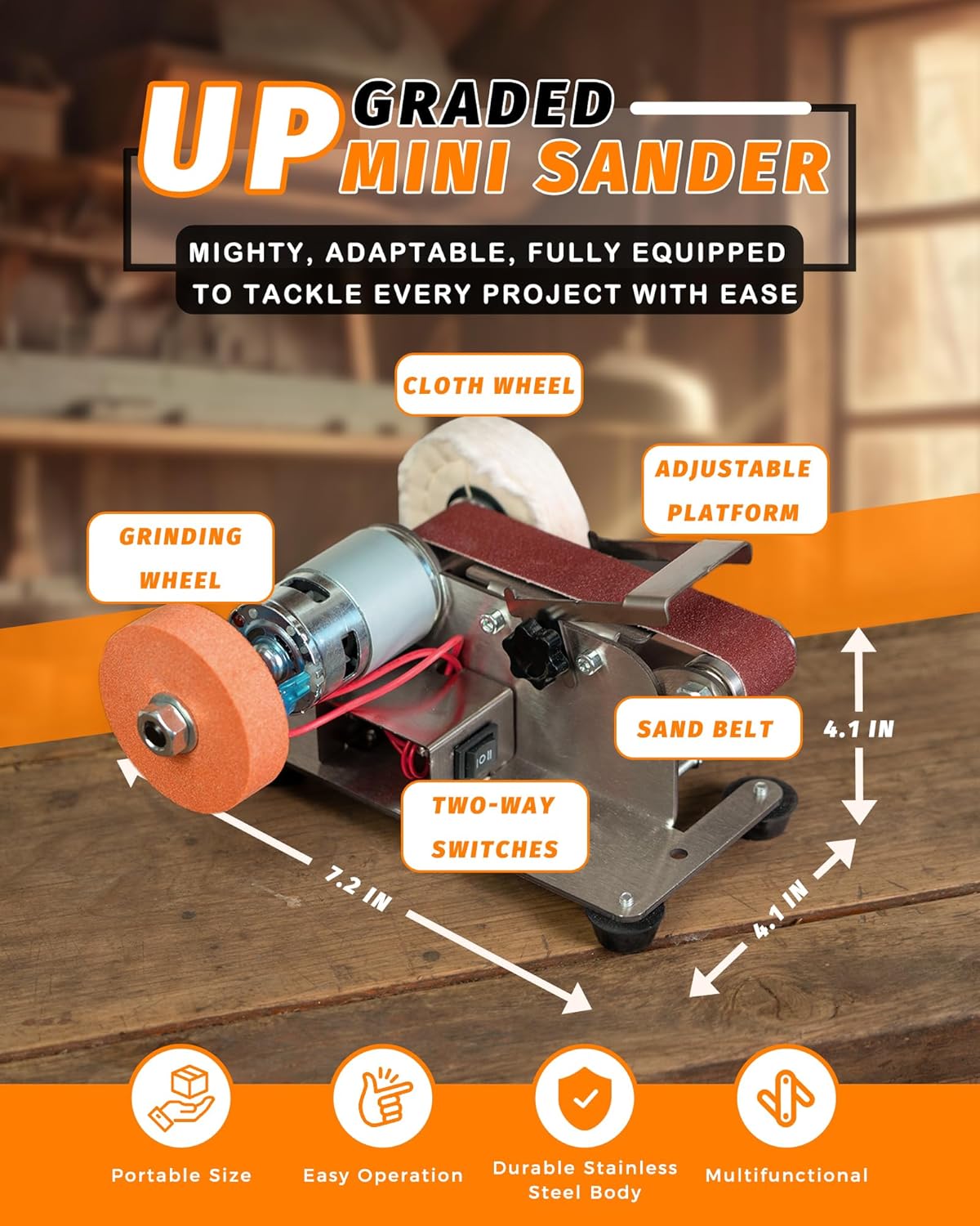 Mini Belt Sander, Electric Small Sander Knife Making Supplies, 7 Adjustable Speed Electric Knife Sharpener, Power Belt Grinder for Woodworking, Metal Working DIY (6.5'' x 6.8'' x 4.8'')