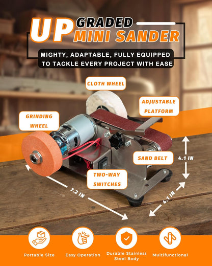 Mini Belt Sander, Electric Small Sander Knife Making Supplies, 7 Adjustable Speed Electric Knife Sharpener, Power Belt Grinder for Woodworking, Metal Working DIY (6.5'' x 6.8'' x 4.8'')