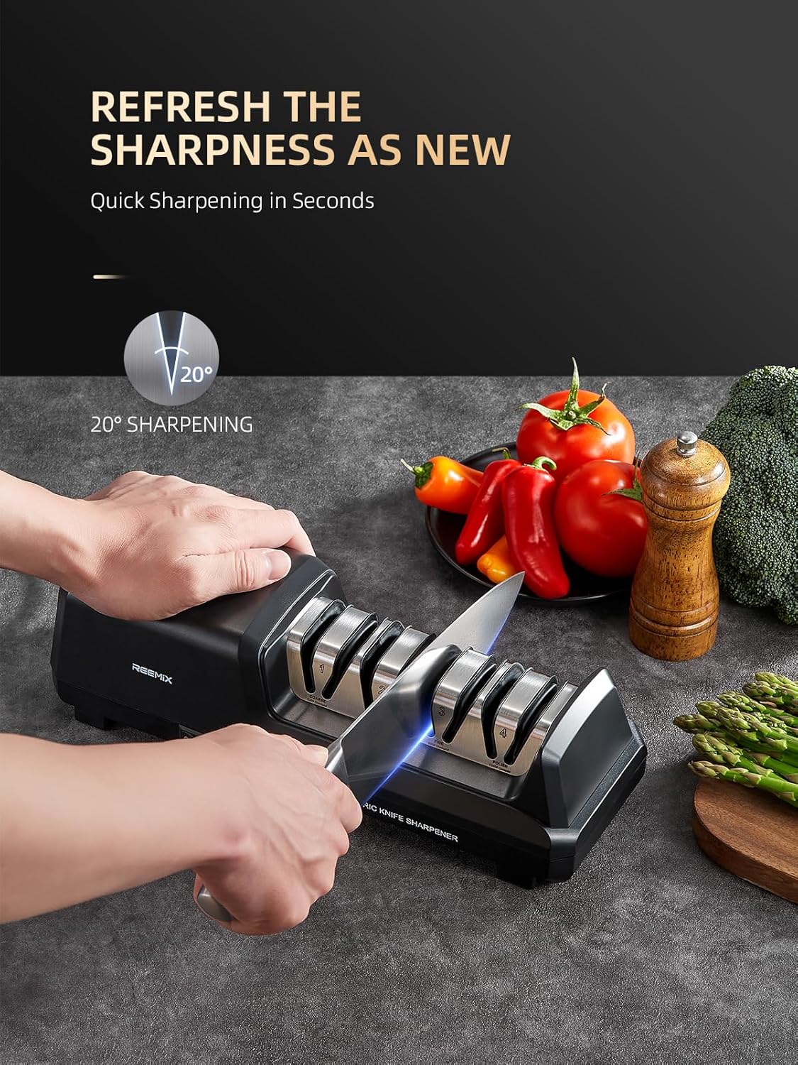 Reemix Electric Knife Sharpener with 4-Stage Sharpening (Repair, Coarse, Medium, Fine & Polish), 20° Fixed Angle, Non-Slip Base & Metal Shavings Collector for Kitchen Knives (Sliver)