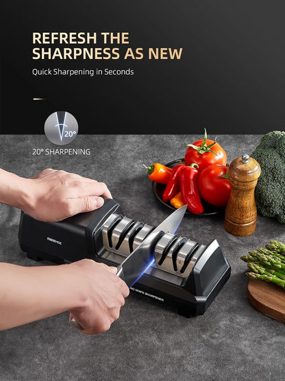 Reemix Electric Knife Sharpener with 4-Stage Sharpening (Repair, Coarse, Medium, Fine & Polish), 20° Fixed Angle, Non-Slip Base & Metal Shavings Collector for Kitchen Knives (Sliver)