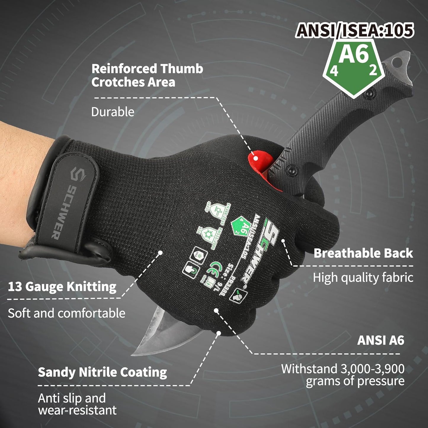 Schwer ProGuard High Level Cut Resistant Work Gloves PR3326 for Extreme Protection，ANSI A9 Cut Gloves with Reinforced Thumb, Non Slip, Breathable, Durable, Touch-screen, Black 1 Pair（XL）