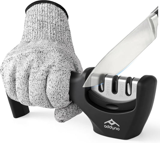 Knife Sharpener, Adjustable Angle 4-in-1 Kitchen Knife Sharpener, 3-Stage Coarse Sharpen Fine with Scissors Slot, Non-Slip Base Ergonomic Handle for Household Knives and Scissors