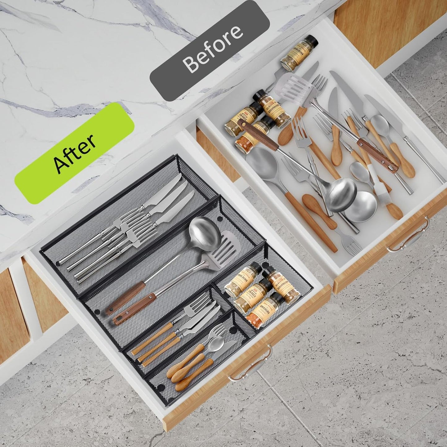 Neudeco Silverware Organizer,Mesh Drawer Organizer for Kitchen，Metal Utensil Organizer for Flatware, Knives, Spoons,Cosmetic (Silver 9 * 3 * 2 inch Pack6)