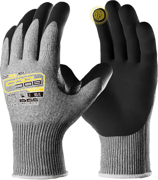 COOLJOB ANSI A5 Cut Resistant Gloves - 1/3/12 Pairs, Nitrile Rubber Dipped Safety Work Gloves for Men, Knife Proof with Grip Coating for Construction Warehouse Glass Wood Work, Grey Large