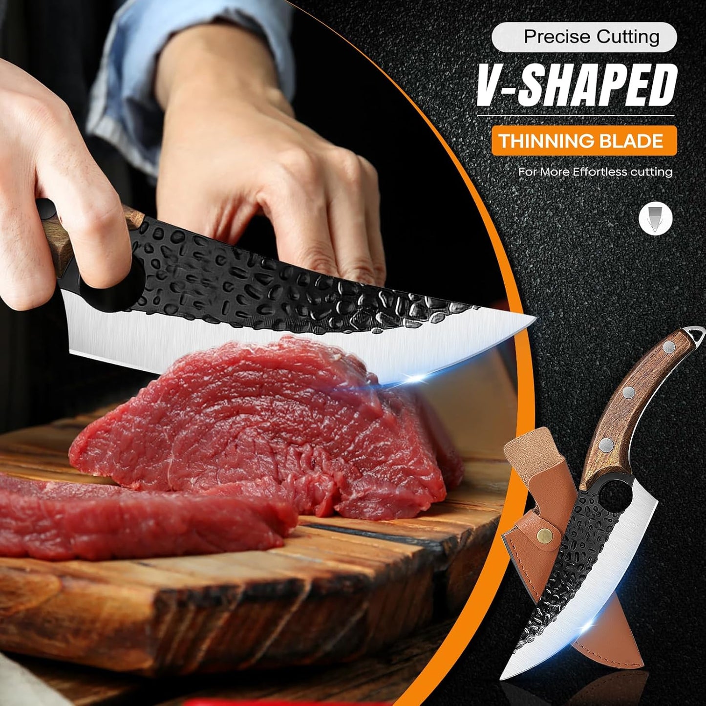 ZENG Butcher Knife Hand Forged Boning Knife with Sheath Viking Style, High Carbon Steel Japanese Chef Knife Meat Cleaver Knife for Kitchen, Camping, Outdoor, BBQ