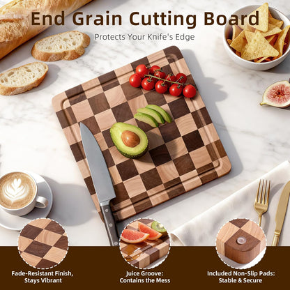 Checkered Cutting Board for Kitchen - Solid Wood End Grain Checkerboard Chopping Board with Handle & Juice Groove, Double Sided for Cooking, Serving and Decor, Rectangular 16" x 12" x 1"
