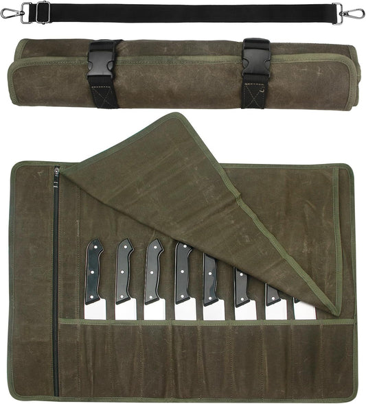 Chef Knife Roll Bag,Waxed Canvas Knife Travel Case,Heavy Duty Professional Knife Carrier Storage Holder with 10 Slots,Portable Kitchen Culinary Tool Organizer for Men,Fits up to 18.8” Knives.Khaki