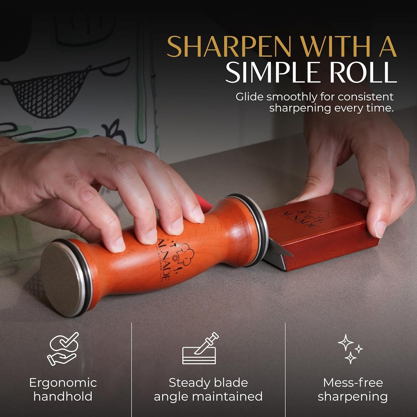 Rolling Knife Sharpener with Comfortable Beech Wood Handle - Premium Kitchen Knife Sharpener Kit for Home Cooks & Chefs, Diamond & Ceramic Wheels, Dual Angle Design, Gift Box Included