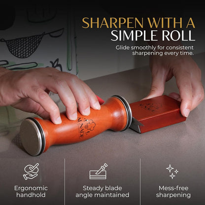 Rolling Knife Sharpener with Comfortable Beech Wood Handle - Premium Kitchen Knife Sharpener Kit for Home Cooks & Chefs, Diamond & Ceramic Wheels, Dual Angle Design, Gift Box Included