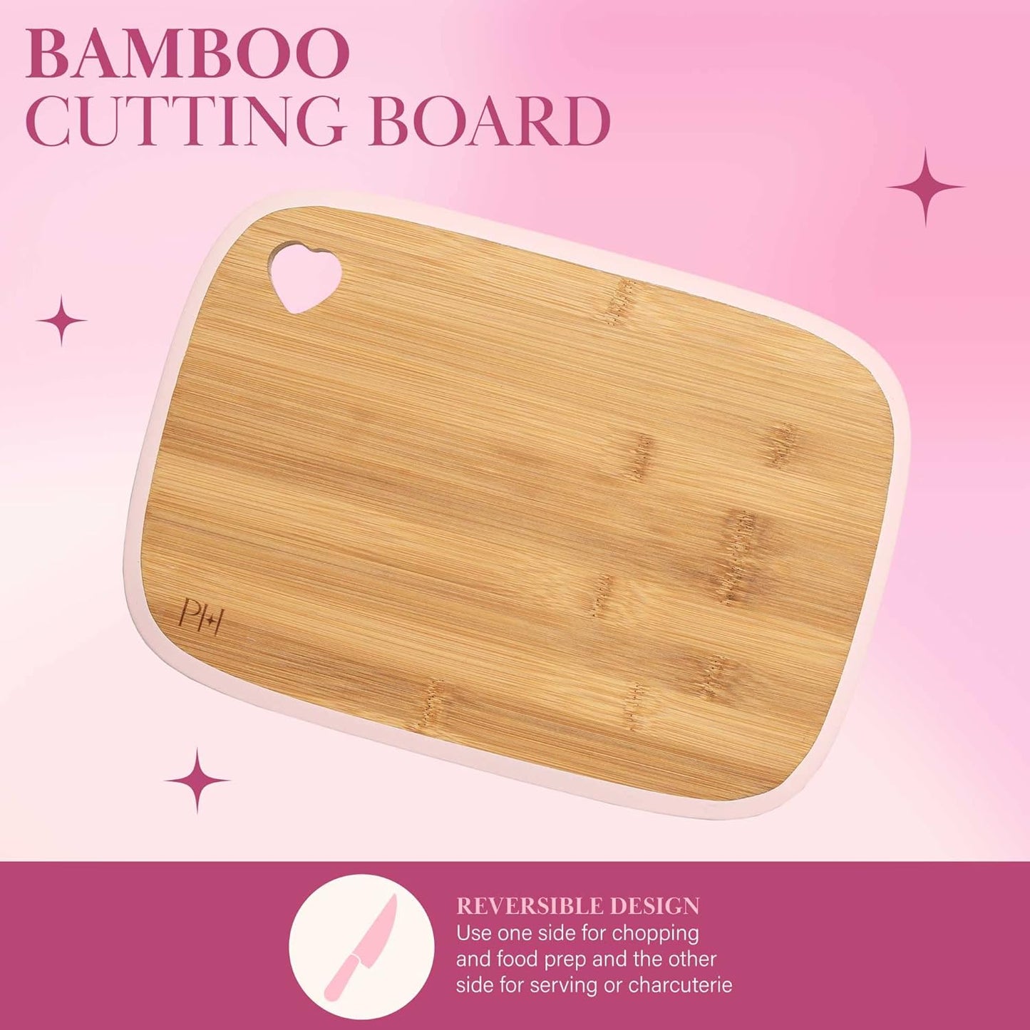 Paris Hilton Bamboo Cutting Board for Kitchen, Reversible Cutting Board and Cutlery Set with High Carbon Stainless Steel Knives and Blade Guards, Comfortable Handle Grips, 7-Piece Set, Gold and Pink