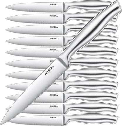 Aiheal Steak Knives, Stainless Steel Steak Knives Set of 8, Never Needs Sharpening Dinner Steak Knife Set, Sharp Micro Serrated Knives