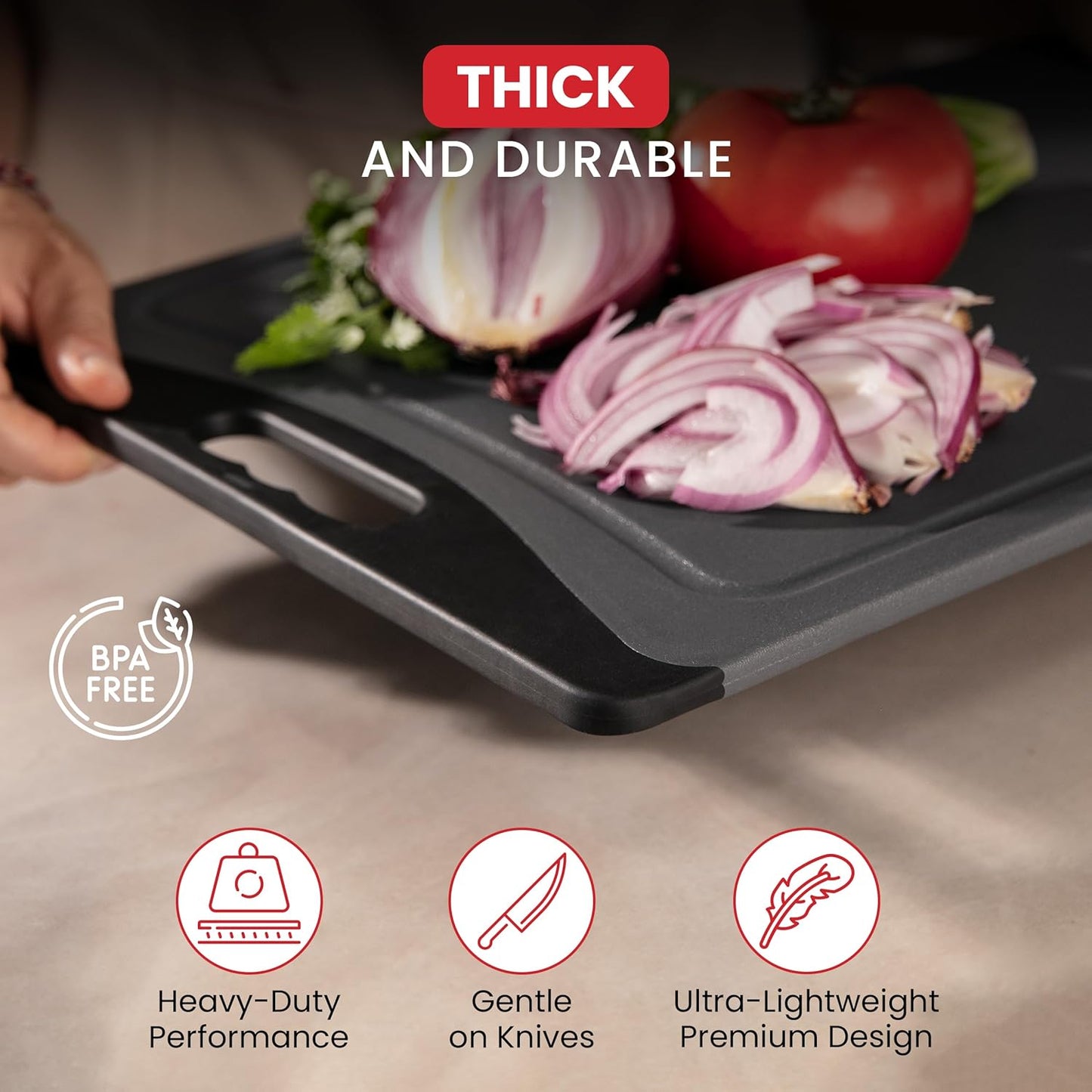 Plastic Cutting Boards for Kitchen (Gray/Black) - 3-Pack of Non-Slip and Reversible Plastic Cutting Board Set for Easy Slicing - Knife-Friendly Chopping Board Set with Juice Grooves