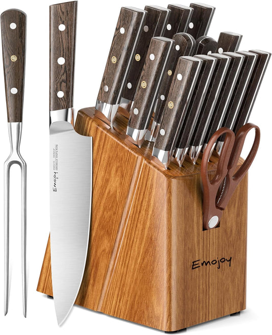 Knife Set，Emojoy 16-Piece Kitchen Knife Set with Block, Knife Block Set with Kitchen Shears and Sharpener, High Carbon German Steel(Natural Wenge)