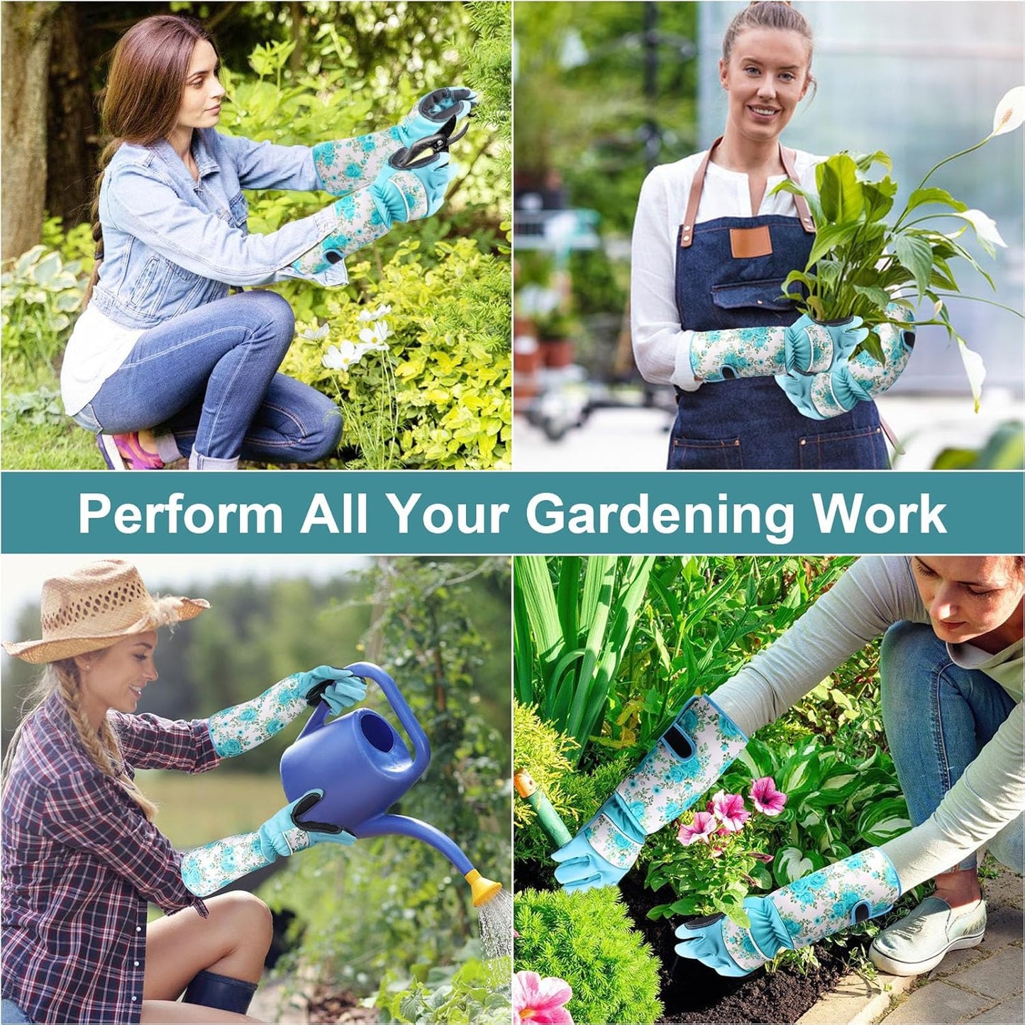 DLY Gardening Gloves for Women, Rose Gloves Gardening Thorn Proof, Long Garden Gloves for Women, Breathable Cowhide Leather Gauntlet (Medium, Blue)