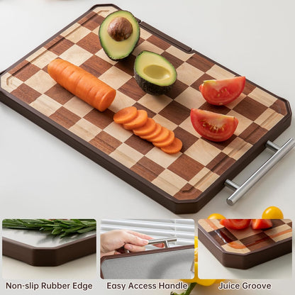 Titanium Cutting Board with Knife Sharpener, Pure Titanium & Acacia Wood Cutting Boards for Kitchen, Double Sided Checkerboard Chopping Board with Handle & Stand, 16.7”×10.4”x×1.2”