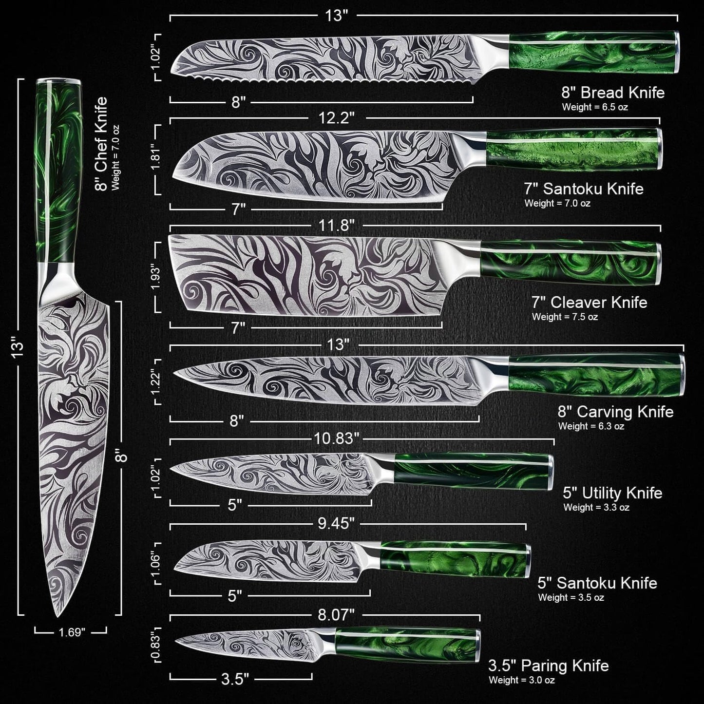 SENKEN 8-piece Engraved Japanese Kitchen Knife Set & Beautiful Green Resin Epoxy Handles - Wasabi Collection - Chef's Knife, Santoku, Cleaver, Paring, & More