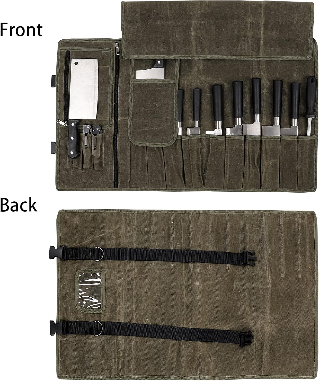 HERSENT Waxed Canvas Chef’s Knife Roll Bag,Army Green Knife Wrap,Portable Knife Roll,Waterproof Pocket Knife Carrier,Durable 16oz Knife Case With Adjustable Shoulder Strap
