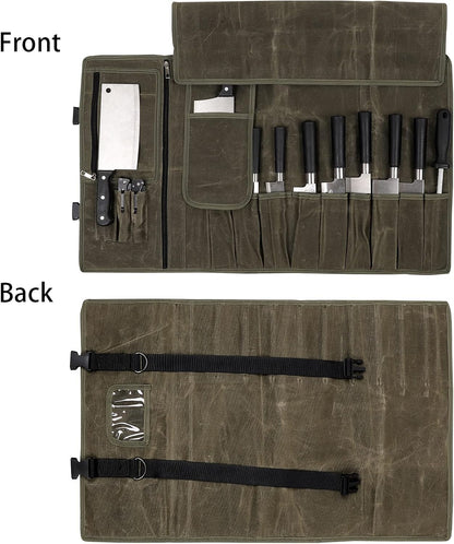 HERSENT Waxed Canvas Chef’s Knife Roll Bag,Army Green Knife Wrap,Portable Knife Roll,Waterproof Pocket Knife Carrier,Durable 16oz Knife Case With Adjustable Shoulder Strap