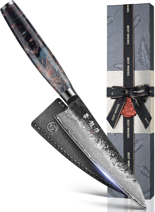 8.27 Inch Japanese Kiritsuke Chef Knife with VG10 Core, Professional 67-Layer Hand-Forged Damascus Knife with Ergonomic Handle, Leather Sheath and Elegant Gift Box – Perfect Gifts for Women Men