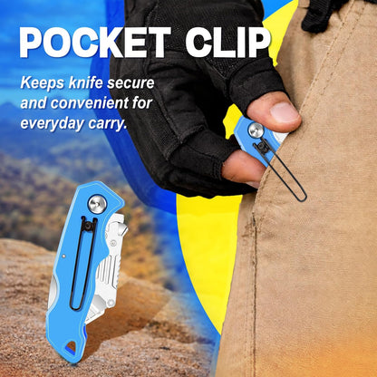 Box Cutter, Quick Change Folding Box Cutter with Clip, Folding Utility Knife Set, Extra 10 SK5 Razor Knife Blades, Pocket Box Opener Cutter for Cardboard, Drywall, Rope, Linoleum, Packages